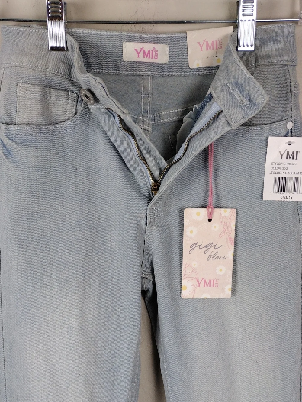 YMI Girl Gigi Flare Blue Light Potassium Wash High Rise Lace Raw Hem Denim Jean